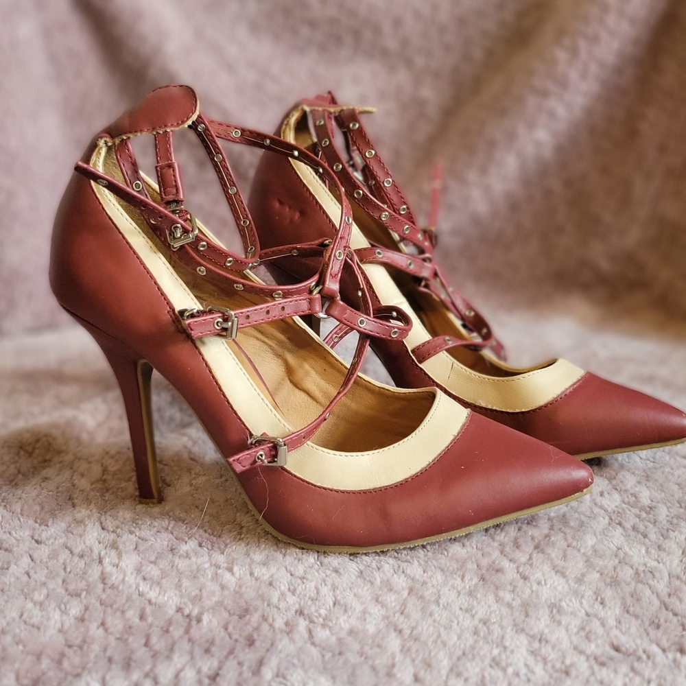 Elegant Burgundy and Cream Women's Heels